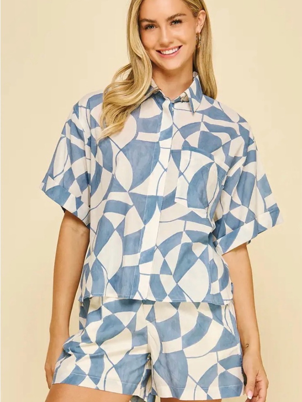 PINCH button-up shirt geometric pattern blue white Zara Style Small Button Down